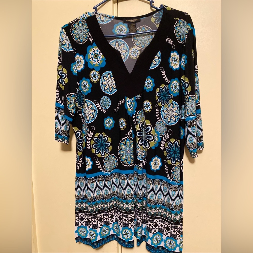 Susan Lawrence women’s 1x 3/4 sleeve long shirt black with teal and green (Oct)